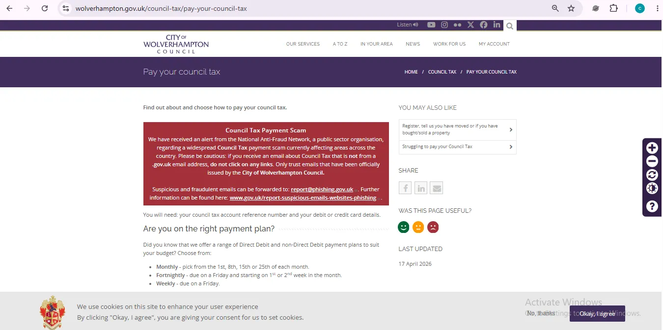 Wolverhampton Council Tax official pay online page showing payment options and account reference guidance