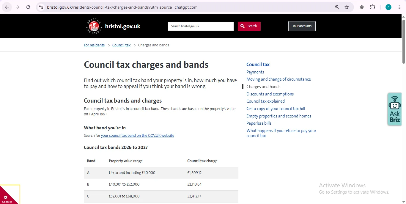 Bristol Council Tax official bands and charges page showing 2026 council tax band information