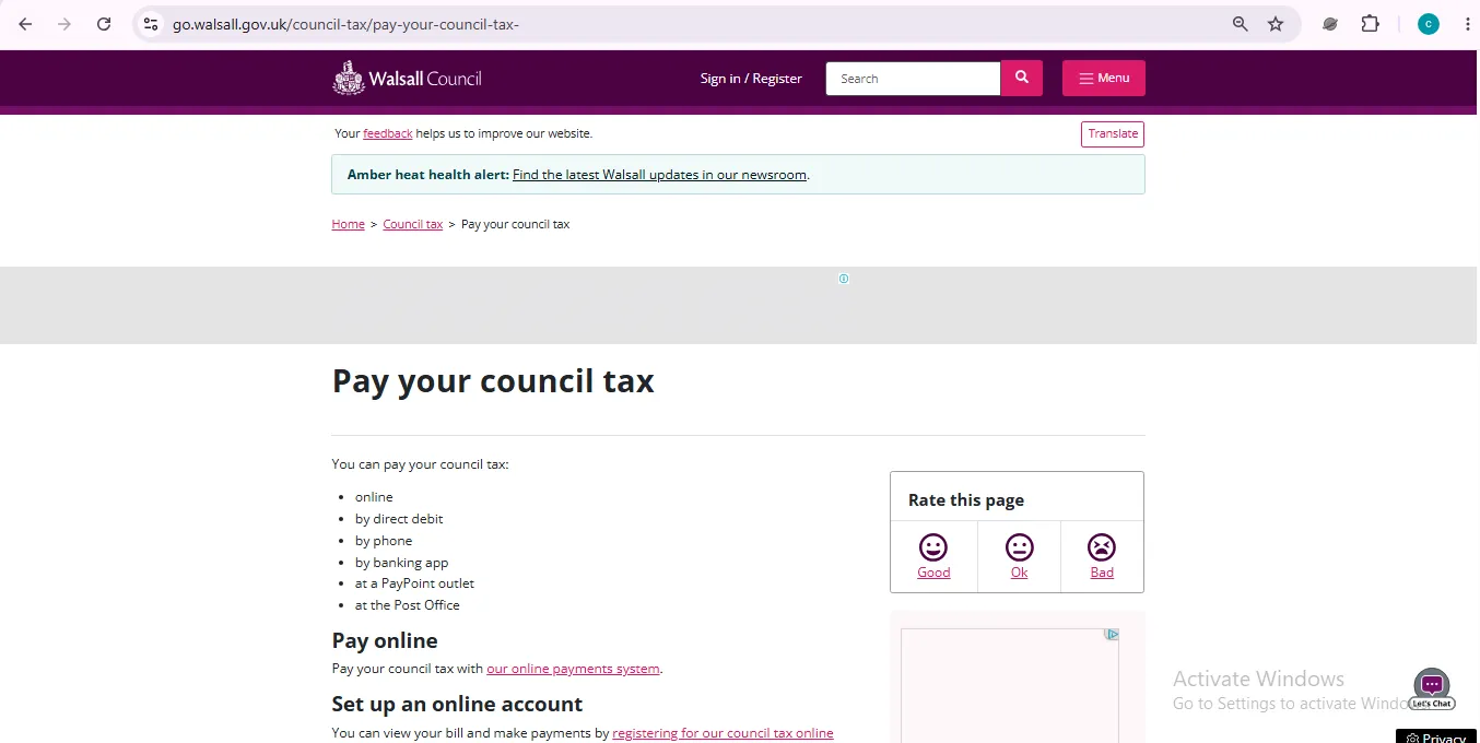 Walsall Council Tax official pay online page showing payment methods and online account options