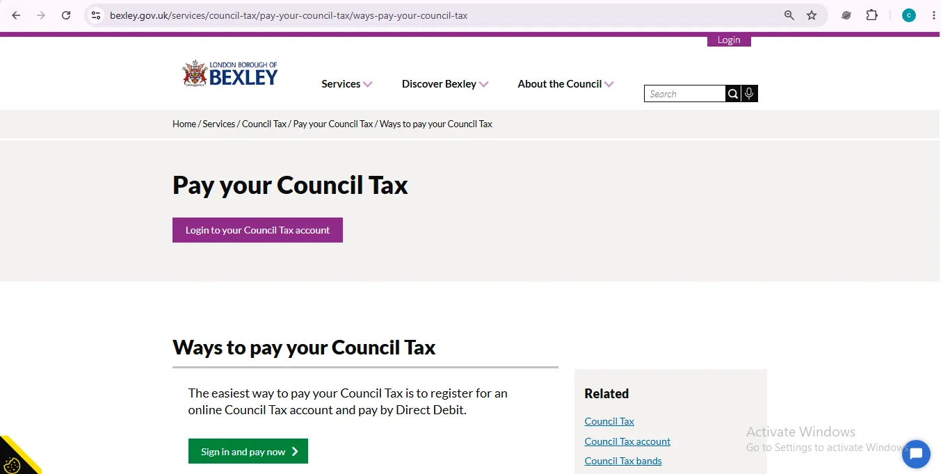 Bexley Council Tax official pay online page showing payment options and Council Tax account guidance