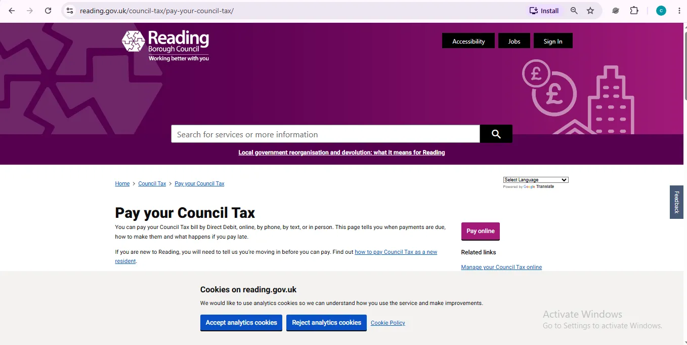 Reading Council Tax official pay online page showing payment options and account payment guidance