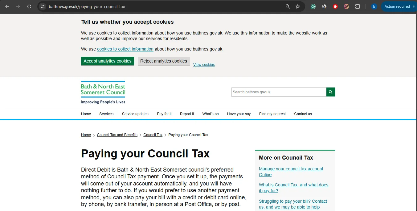 B&NES Council Tax official payment page showing pay online and phone payment options